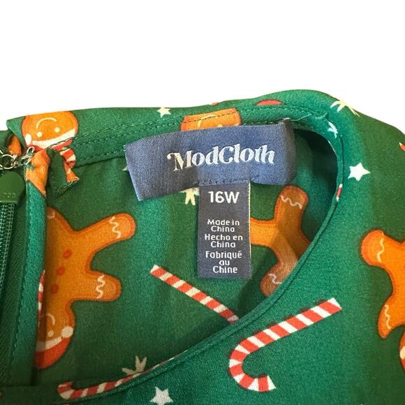 ModCloth Plus Size 16W Gingerbread Candy Cane Print Peter Pan Collar Green Dress - Picture 5 of 11